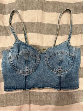Denim Underwire Crop Top with Spaghetti Straps
